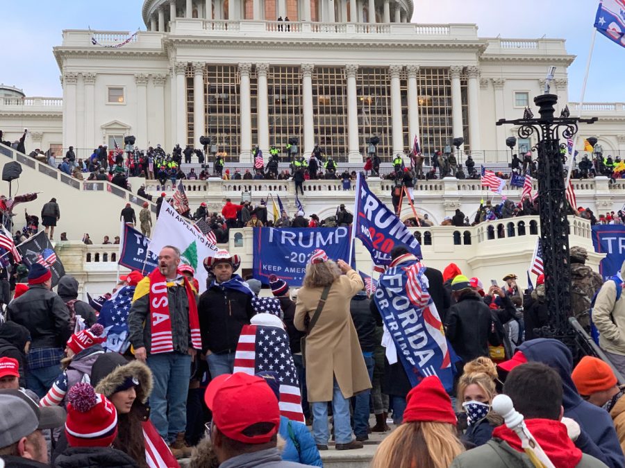 Swarm of people dressed in blue and red surrounding the front of the capital