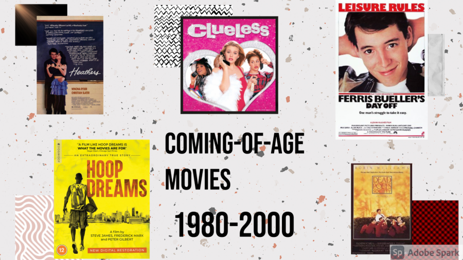 A collection of movie posters including Clueless, Heathers and Dead Poets Society. Text says Coming of age movies, 1980 to 2000)