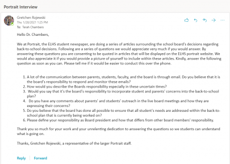An email screenshot of correspondence to Board President Terrah Chambers. 