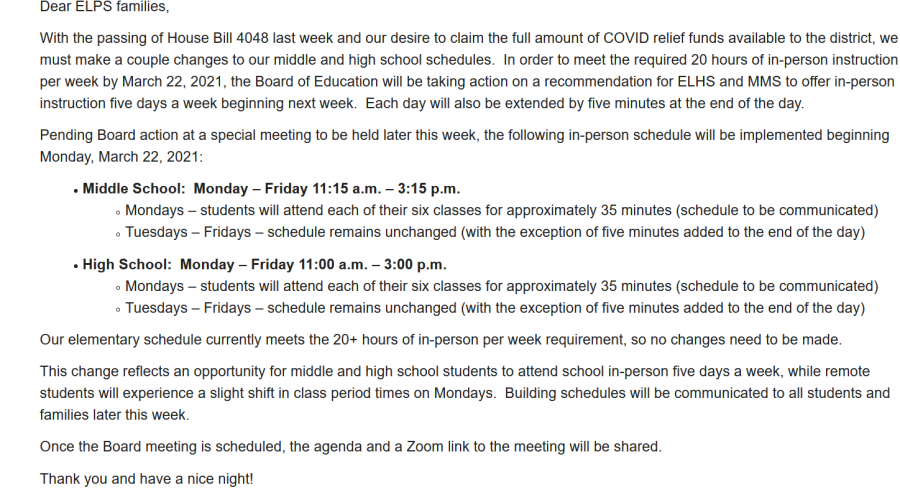 Email sent out to parents by Superintendent Dori Leyko. It contained details about proposed schedule changes that are now passed. It didnt, however, mention any info about the alteration of office hours.