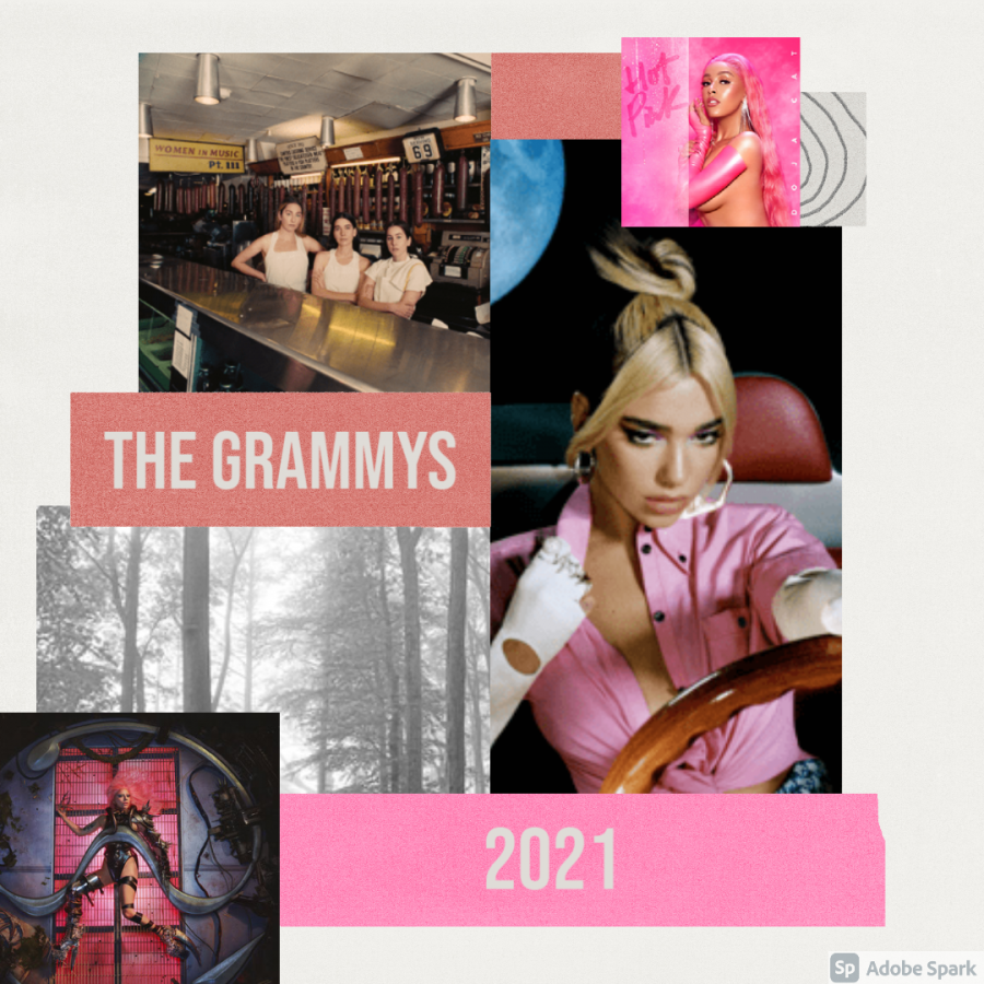 From left to right: Chromatica by Lady Gaga, Folklore by Taylor Swift, Women in Music 3 by Haim, Hot Pink by Doja Cat and Future Nostalgia by Dua Lipa. Graphic by Gretchen Rojewski