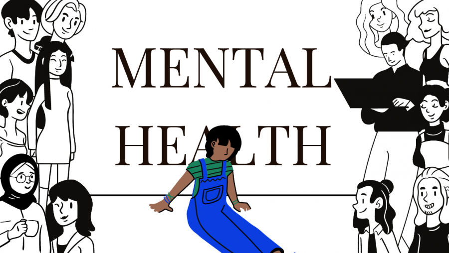 A graphic stating: Mental Health. It shows a cartoon girl sitting alone, while other cartoon people, off to the side, are happy and ignoring her.