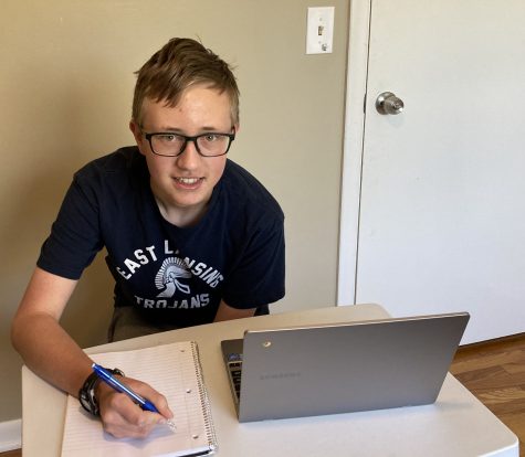 Peter Ahlin and his AP Study Materials- A Chromebook and a Notepad