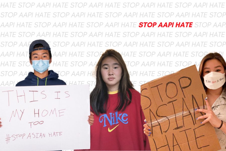 Three students posing with Stop AAPI Hate phrase filling the background.