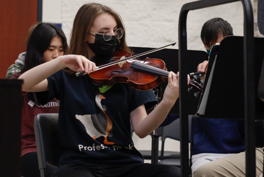 Sitting in symphonic orchestra class on Feb. 3, first chain violinist Dana Hardy plays Summer Dances by Brian Balmages along with the rest of the orchestra.