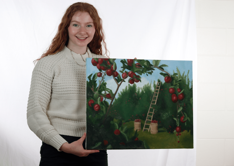Holding her painting, Apple Orchard, Rosemary Buhl (11)