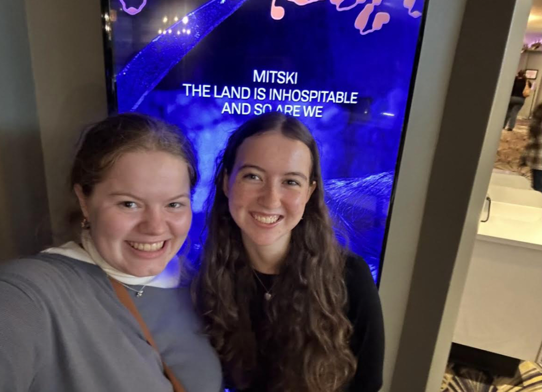 Former Portrait staff members Allison Treanor and Gretchen Rojewski attending The Land Is Inhospitable And So Are We listening party at Davis Theater in Chicago Illinois on Sep 7.
