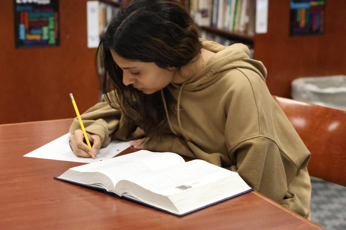 Iram Jat works on homework in the library on Feb. 21.
