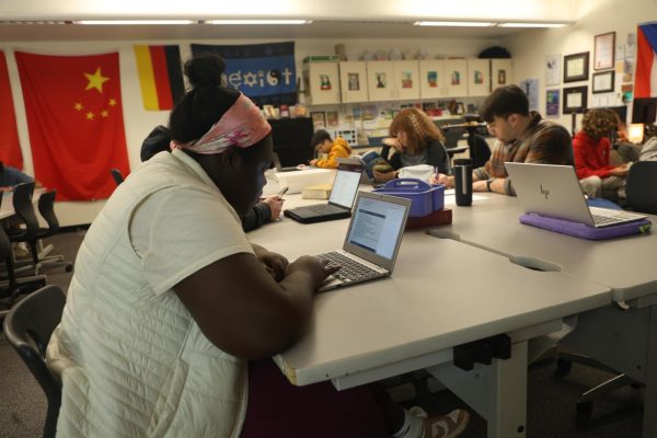 Scrolling on her computer, Chloe Vickers (12) finds the Indigenous land acknowledgement page on the school website. Vickers is a part of the social justice club, who pushed for the statement to be established on the website after certain teachers included it on their email sign-offs.