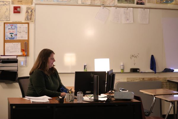 AP World teacher Leesha Shantz conducts a virtual conference from her empty classroom.