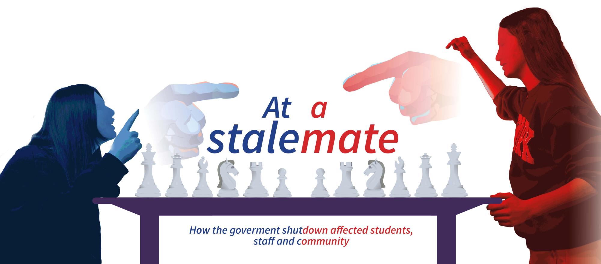 Two students argue over a chessboard representing the two sides of government playing political chess.