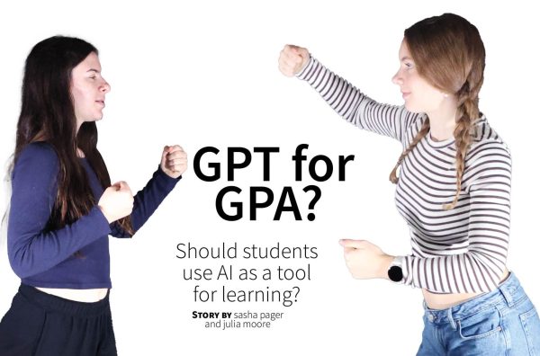 Photo illustration of two writers, Julia Moore (12) and Sasha Pager (12), arguing over ethical use of Chat GPT.