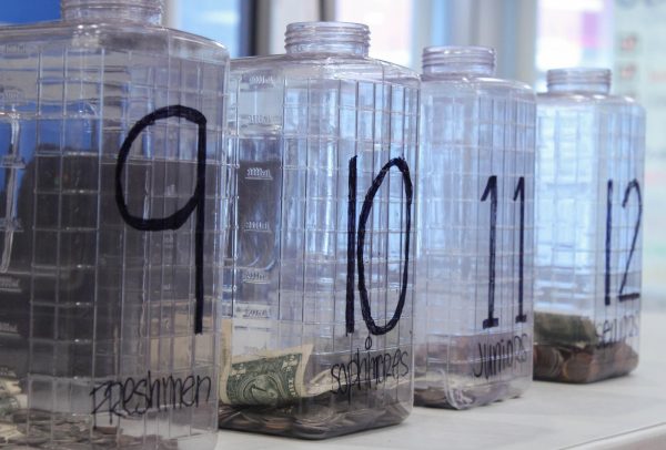 Jars for the Penny Wars fundraiser sit outside the hub during both lunches on Feb 5. The fundraiser collected $128 dollars to be put toward the Women's Center of Lansing. 