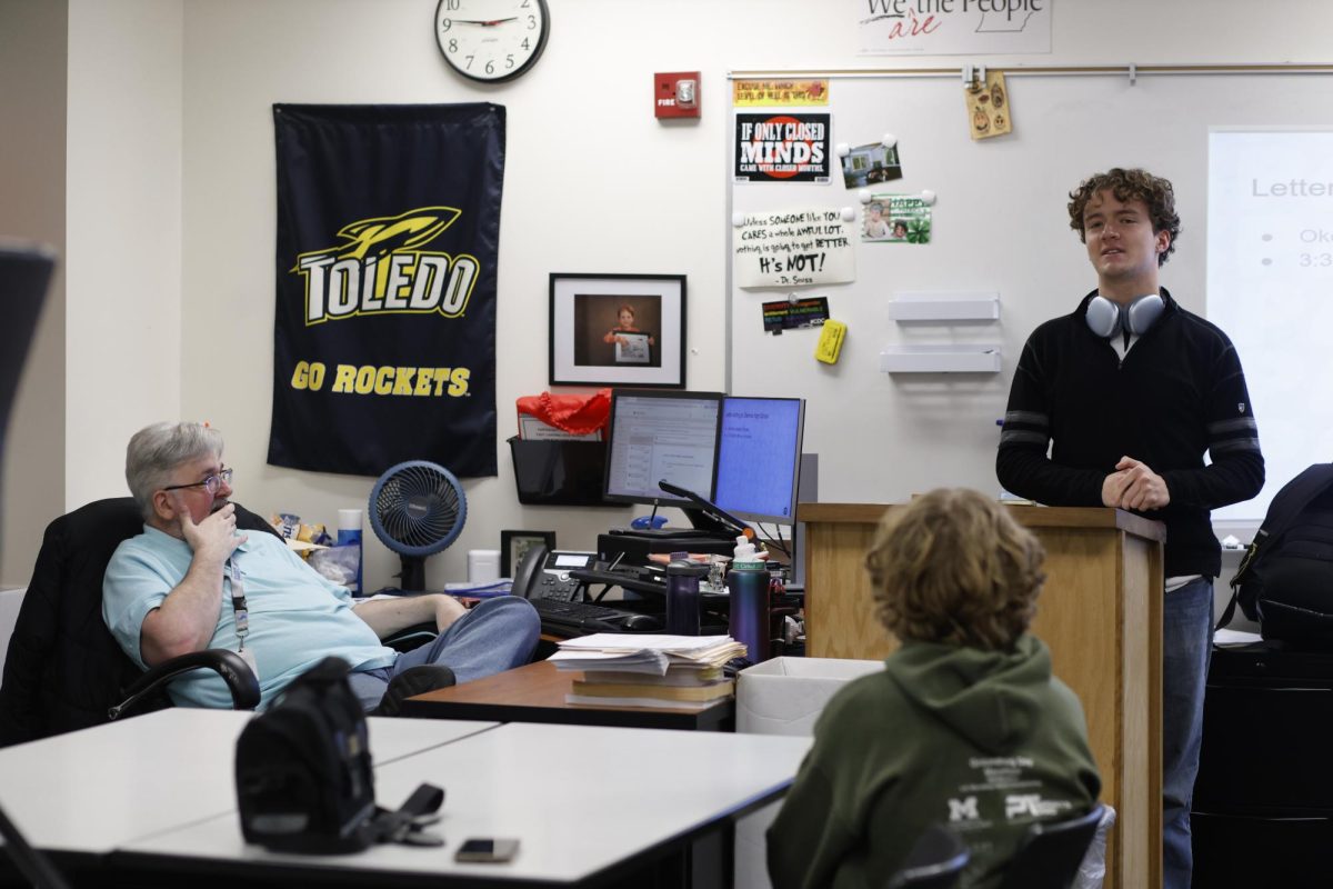 Addressing the Students for Political Action club (SPA), Quinn LaFaive (12) speaks at a SPA meeting on March 5th. LaFaive has led the club since it was founded this year.